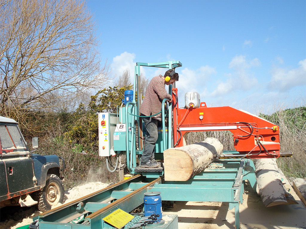 Brendon breaking down logs from the forest with a horizontal band saw